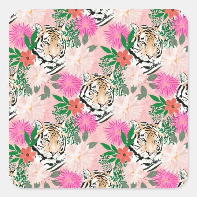 Sticker Carré Jolie peinture florale de tigre rose blanc (Devant)