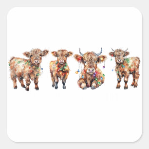Sticker Carré Jolie Père Noël Highland Vaches, drôle Moey Noël
