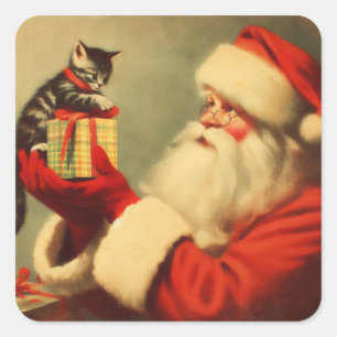 Sticker Carré Jolie Père Noël Retro avec Kitten Illustration