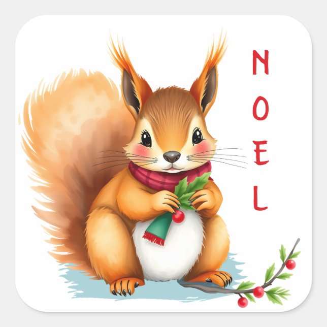 Sticker Carré Jolie petite aquarelle Noël écureuil Noel (Devant)