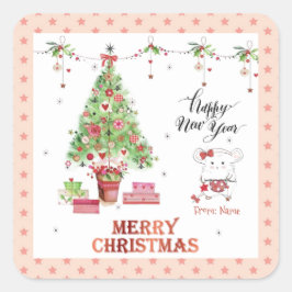 Sticker Carré Jolie petite fille Hamster Joyeux Noël