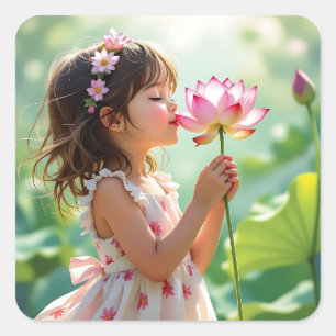 Sticker Carré Jolie petite fille sentant une rose rose