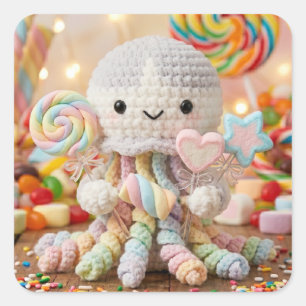 Sticker Carré Jolie Pieuvre au Crochet et Pays des Friandises