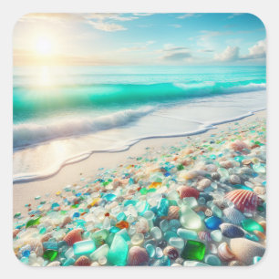 Sticker Carré Jolie plage Ocean avec verre de mer