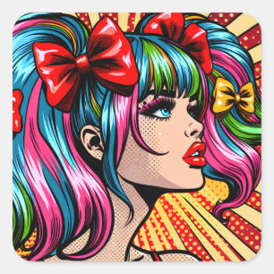 Sticker Carré Jolie Pop Art Comic Girl with Bows