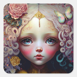 Sticker Carré Jolie poupée fille cheveux roses