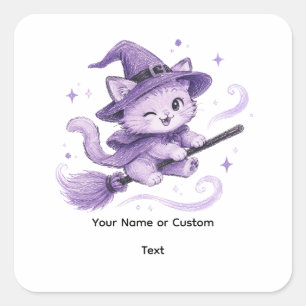 Sticker Carré Jolie sorcière chat violet sur un balai Halloween