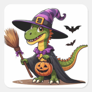 Sticker Carré Jolie Sorcière de Raptor Halloween/Dinosaure