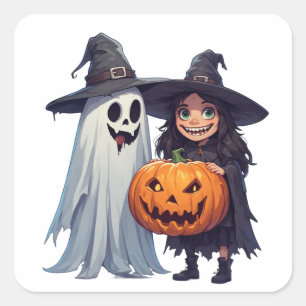 Sticker Carré Jolie Sorcière Fantôme Citrouille Halloween 🎃
