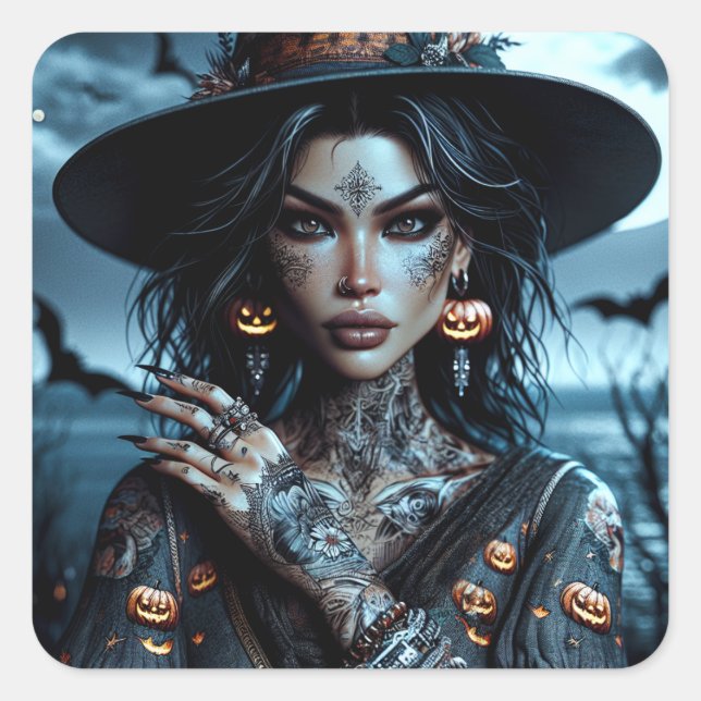 Sticker Carré Jolie sorcière gothique avec Halloween tatoués (Devant)