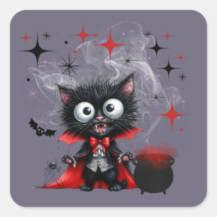 Sticker Carré Jolie Sorcière noire rétro Kitten Halloween