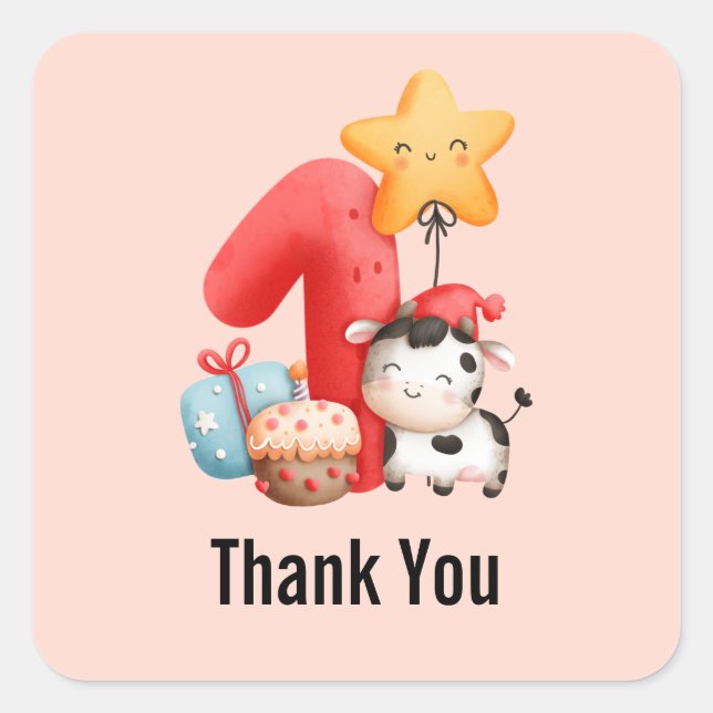 Sticker Carré Jolie vache 1er anniversaire Merci (Devant)