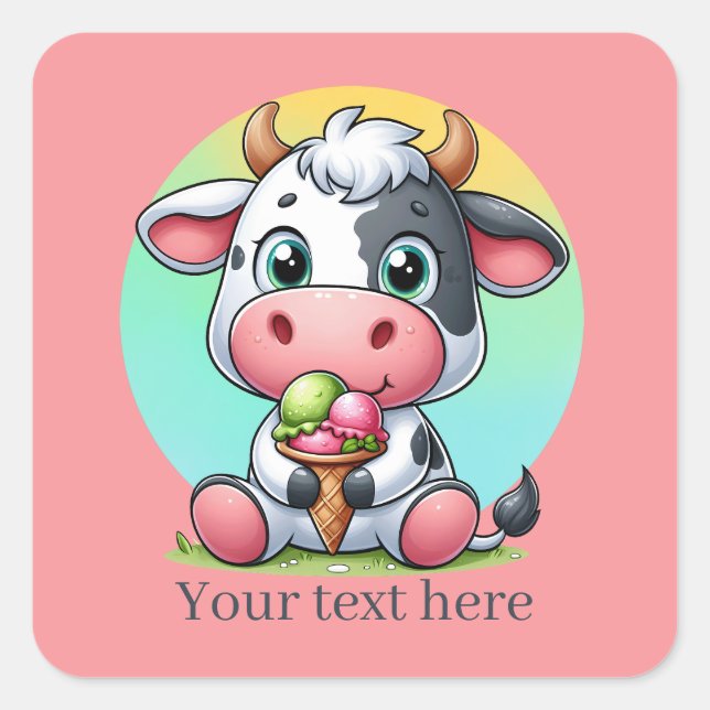Sticker Carré Jolie vache crème glacée ajouter du texte (Devant)