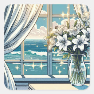 Sticker Carré Jolie vue sur l'océan et vase de fleurs
