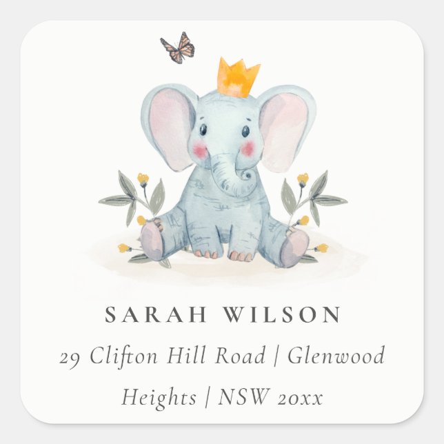 Sticker Carré Jolie Woodland Baby Elephant Foliing Adresse (Devant)