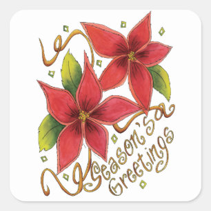 Sticker Carré Jolies Bonnes Fêtes de Noël avec Poinsettias