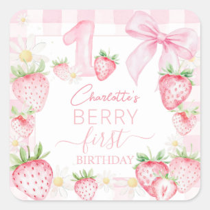 Sticker Carré Jolies Fraises Roses Fête de Premier Anniversaire