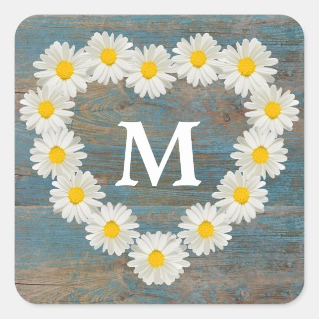 Sticker Carré Jolies marguerites Monogramme Bois bleu rustique (Devant)