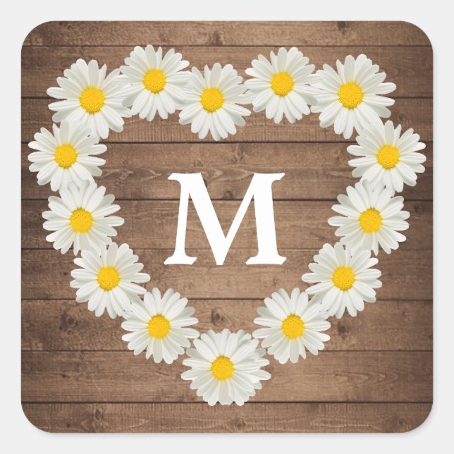 Sticker Carré Jolies marguerites Monogramme Mariage Bois rustiqu (Devant)