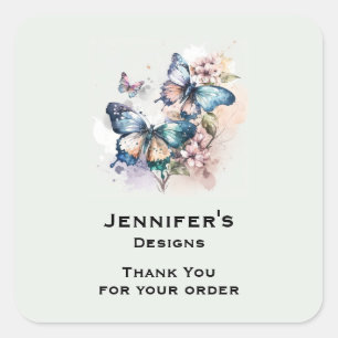 Sticker Carré Jolies papillons et fleurs Merci d'affaires