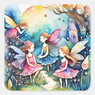 Sticker Carré Jolies petites fées sur le terrain Carte