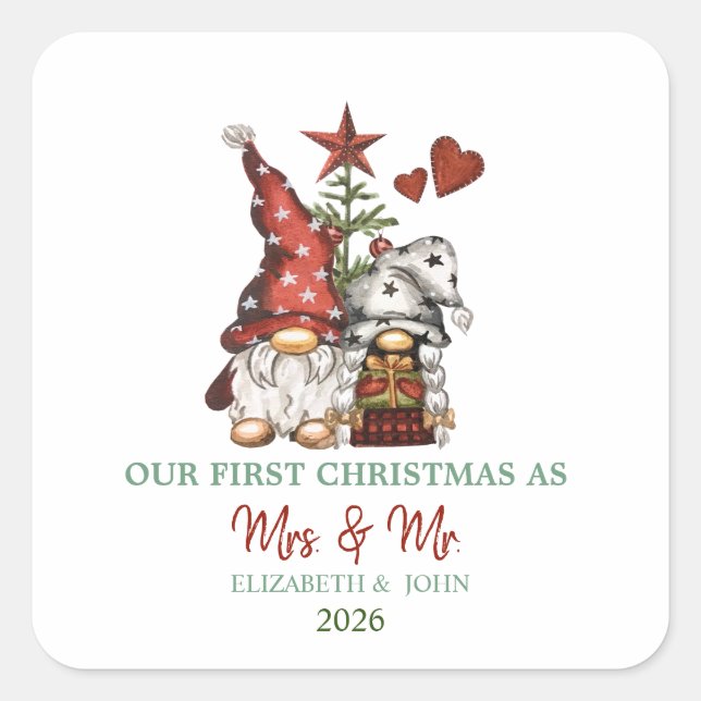 Sticker Carré Jolis gnomes sapin Notre premier Noël  (Devant)