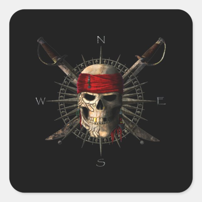 Sticker Carré Jolly Roger Pirate Skull and Swords Pirate Compass (Devant)