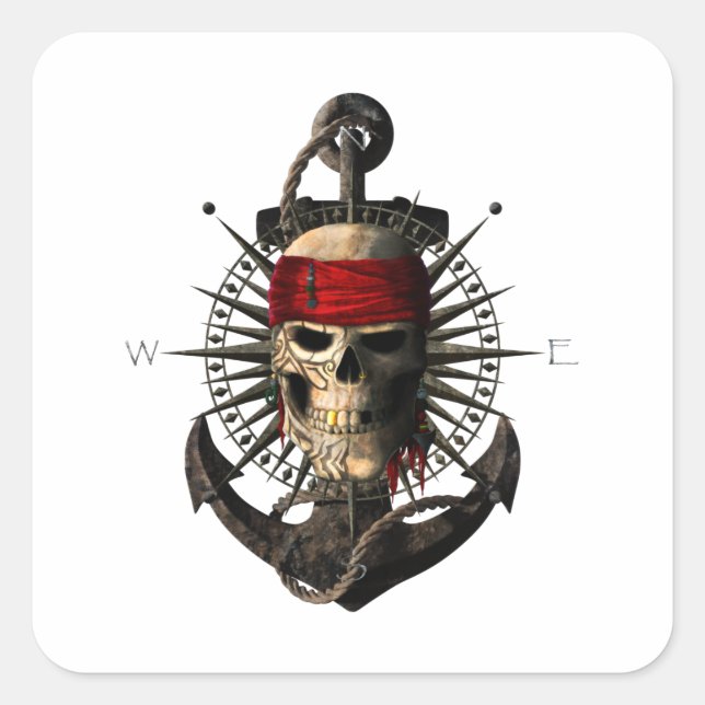 Sticker Carré Jolly Roger Pirate Skull Sailing Compass Anchor (Devant)