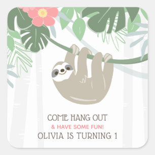 Sticker Carré Jote Sloth Palm Tropical Feuille Anniversaire