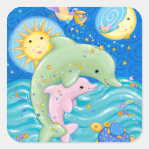 Sticker Carré Jouer aux dauphins