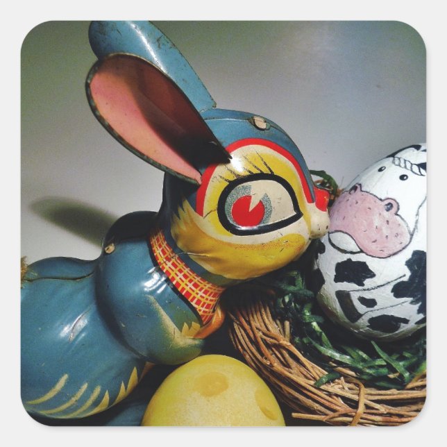 Sticker Carré Jouet lapin et oeuf de vache (Devant)