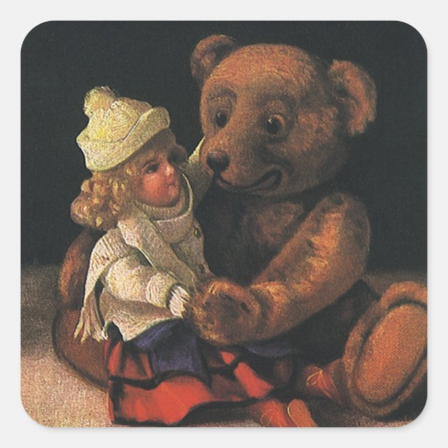 Sticker Carré Jouets de Noël, poupée et ours en peluche (Devant)