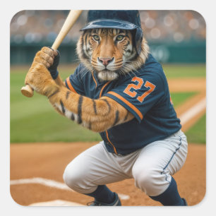 Sticker Carré Joueur de baseball Tigre #27 à la batte