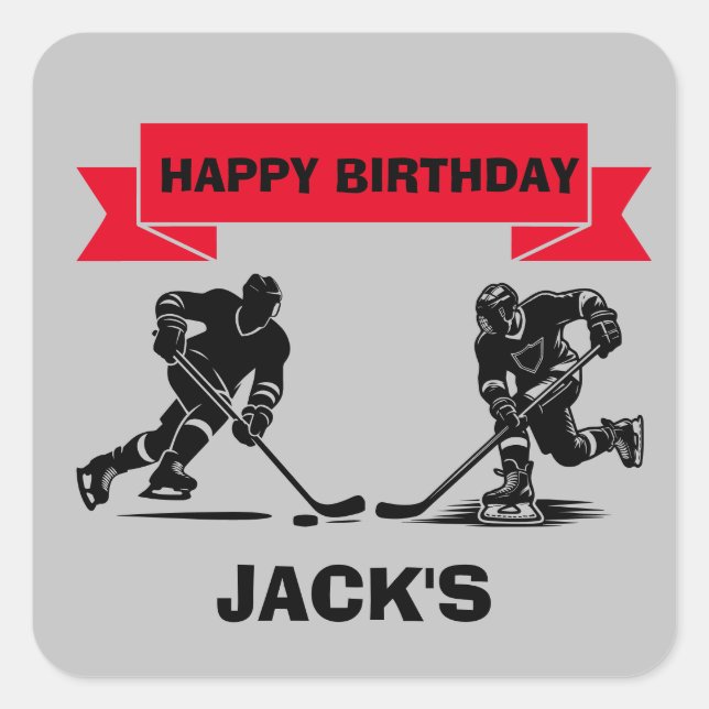 Sticker Carré Joueur de hockey thème de fête d'anniversaire (Devant)