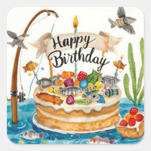 Sticker Carré Jour d'anniversaire de pêche sur le thème du plais