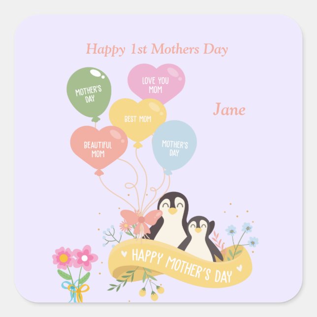Sticker Carré Jour de la 1ère mère des mignons pingouins (Devant)