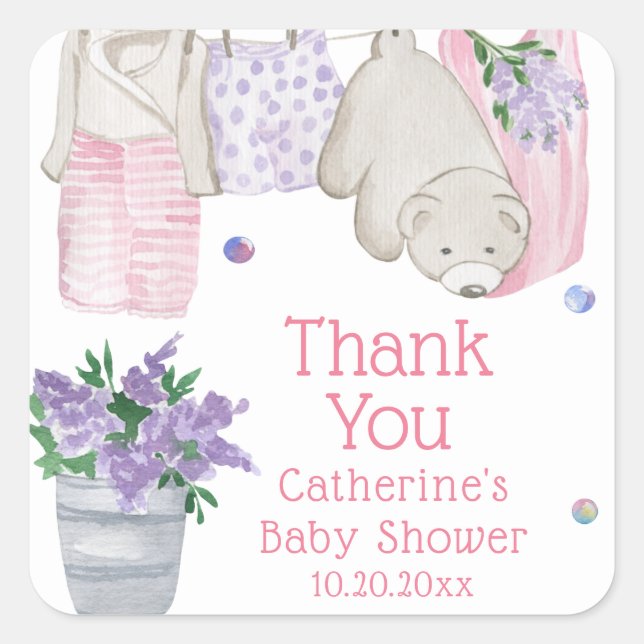 Sticker Carré Jour de lavage de l'ours mûr Baby shower aquarelle (Devant)