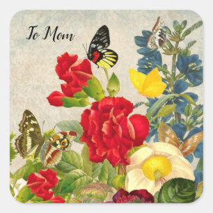 Sticker Carré Jour des mères Jardin oeillets papillons Rose