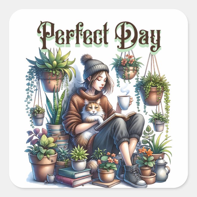 Sticker Carré Jour parfait | Lecture féminine avec chat et Plant (Devant)
