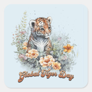 Sticker Carré Journée mondiale du tigre, petit aquarelle