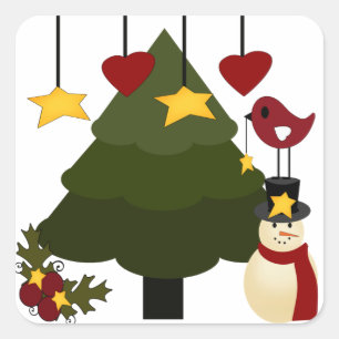 Sticker Carré Jours fériés de Noël Arbre Snowman Stars Oiseau