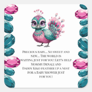 Sticker Carré Joyau rose et Turquoise Baby shower Peacock bébé