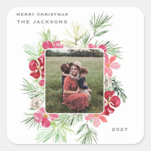 Sticker Carré Joyeuse aquarelle de Noël Wreath botanique d'hiver