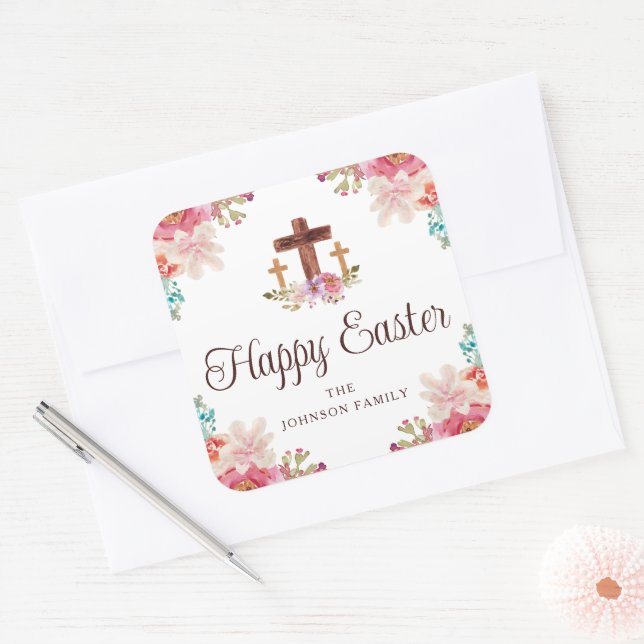 Sticker Carré Joyeuse aquarelle florale de Pâques Croix religieu (Enveloppe)