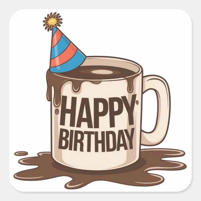 Sticker Carré Joyeuse Coupe du café d'anniversaire avec casquett (Devant)