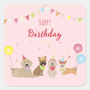 Sticker Carré Joyeuse fête des chiens d'anniversaire