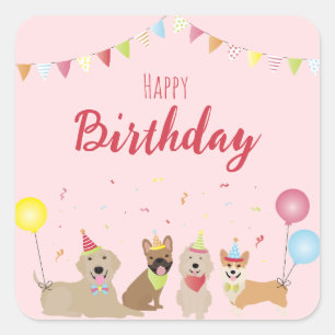 Sticker Carré Joyeuse fête des chiens d'anniversaire