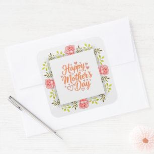 Sticker Carré Joyeuse Fête des Mères Fleur Aquarelle Rose