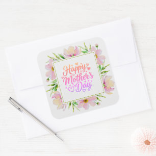 Sticker Carré Joyeuse Fête des Mères Fleur Aquarelle Rose