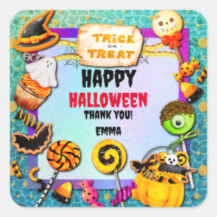 Sticker Carré Joyeuse fête d'Halloween remplie de ruse-ou-gâteau